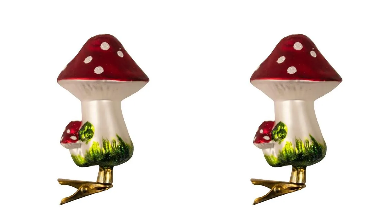 4" Glass Toadstool Mushroom Woodland Glass Clip-On Ornament Set of 2