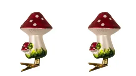 4" Glass Toadstool Mushroom Woodland Glass Clip-On Ornament Set of 2