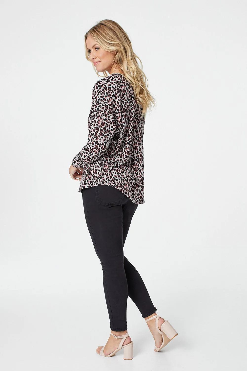 Animal Print Zip Front Long Sleeve Top