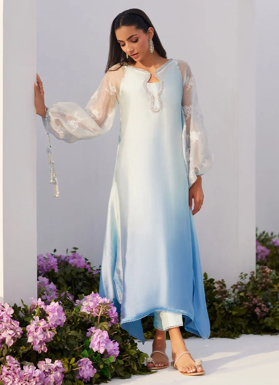 Bow Ombre Blue Embellished Kaftan Cut Shirt