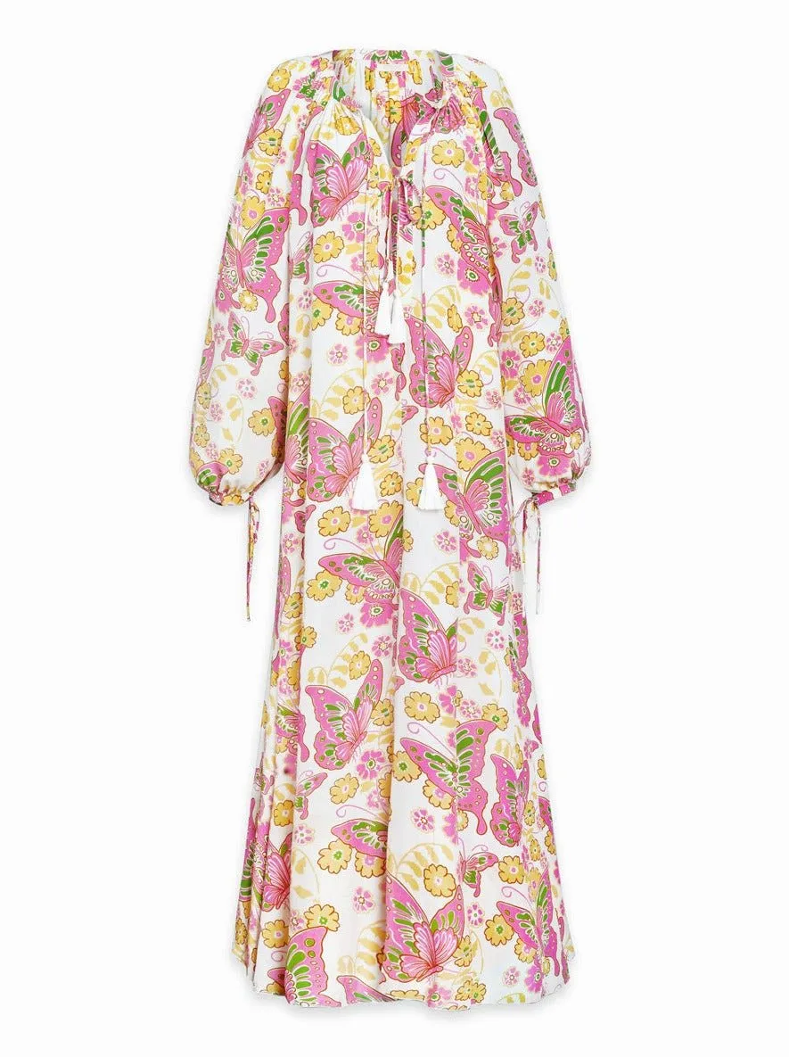 Calista Printed Crepe de Chine Silk Maxi Dress - Pink Butterfly