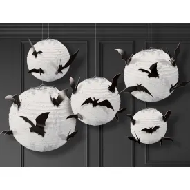 Classic Halloween Black & White Paper Lanterns with Bat Add Ons 5pk