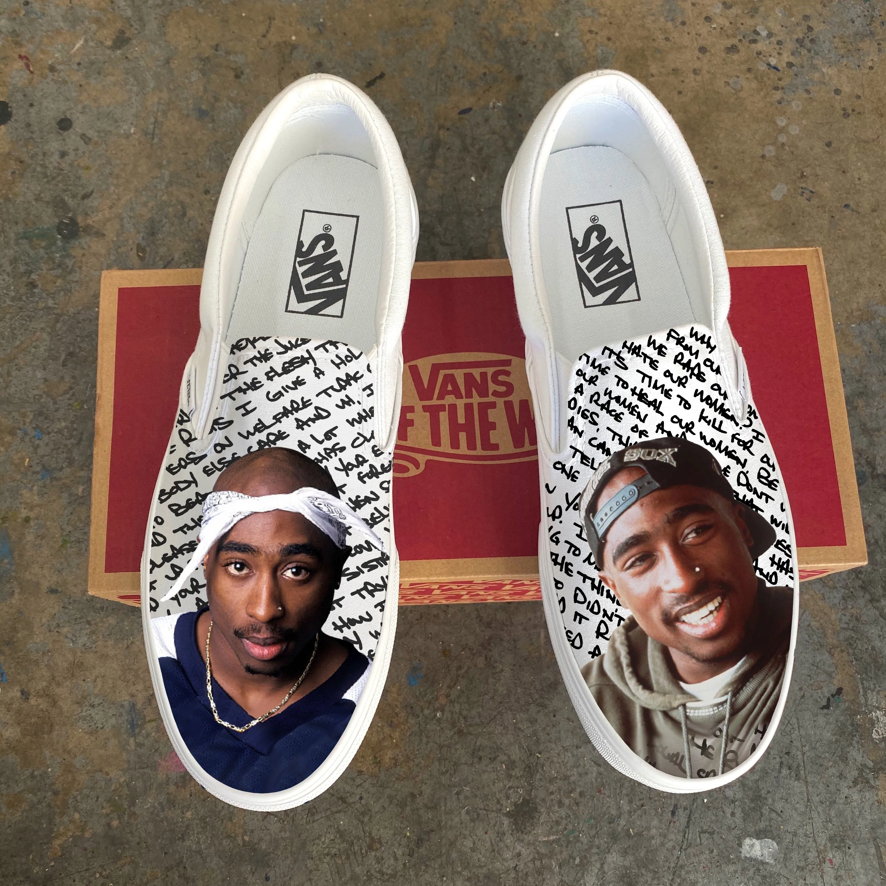 Custom Tupac White Slip Ons - Custom Vans Shoes