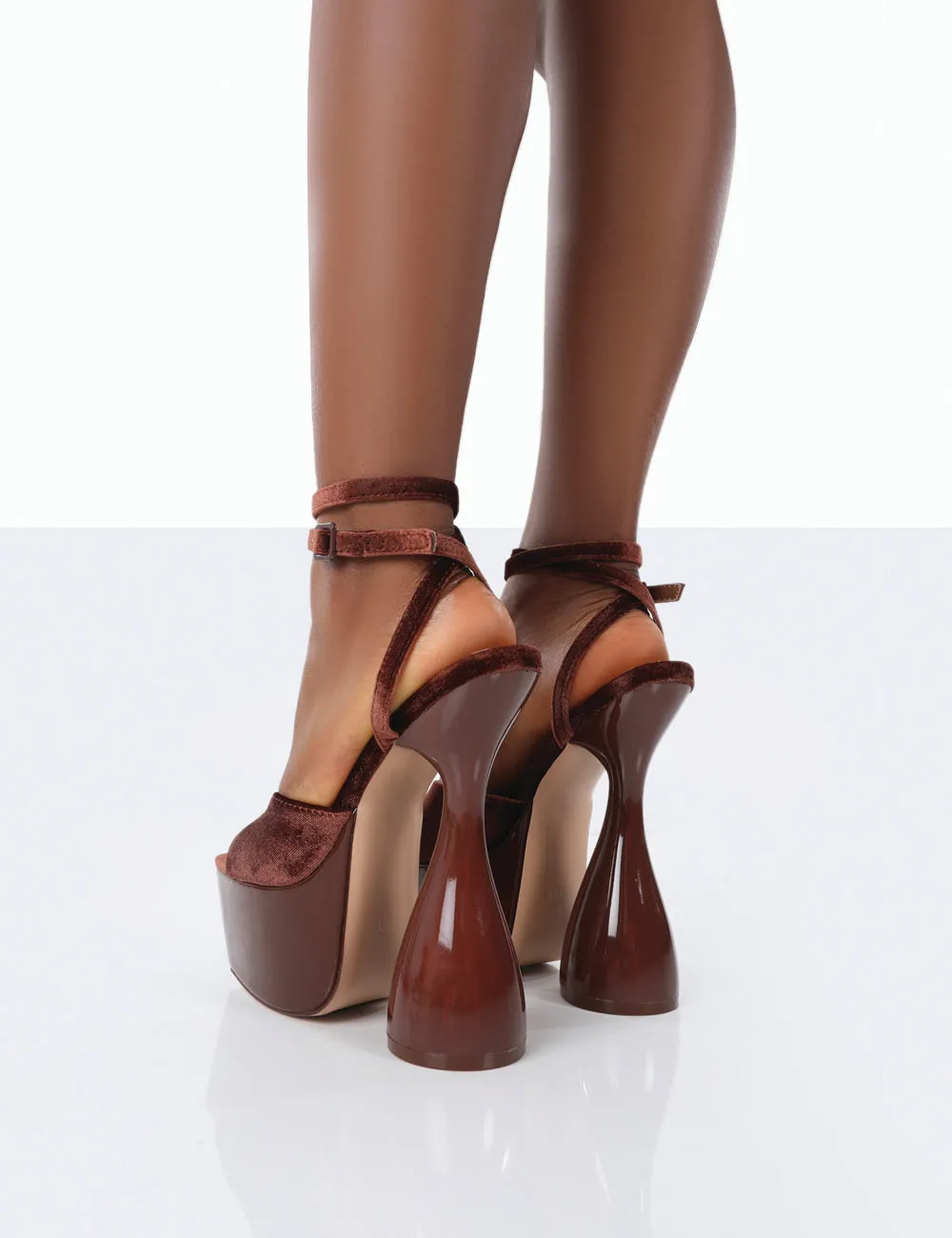 Disco Choc Faux Velvet Lace Up Cylinder Platform Heels