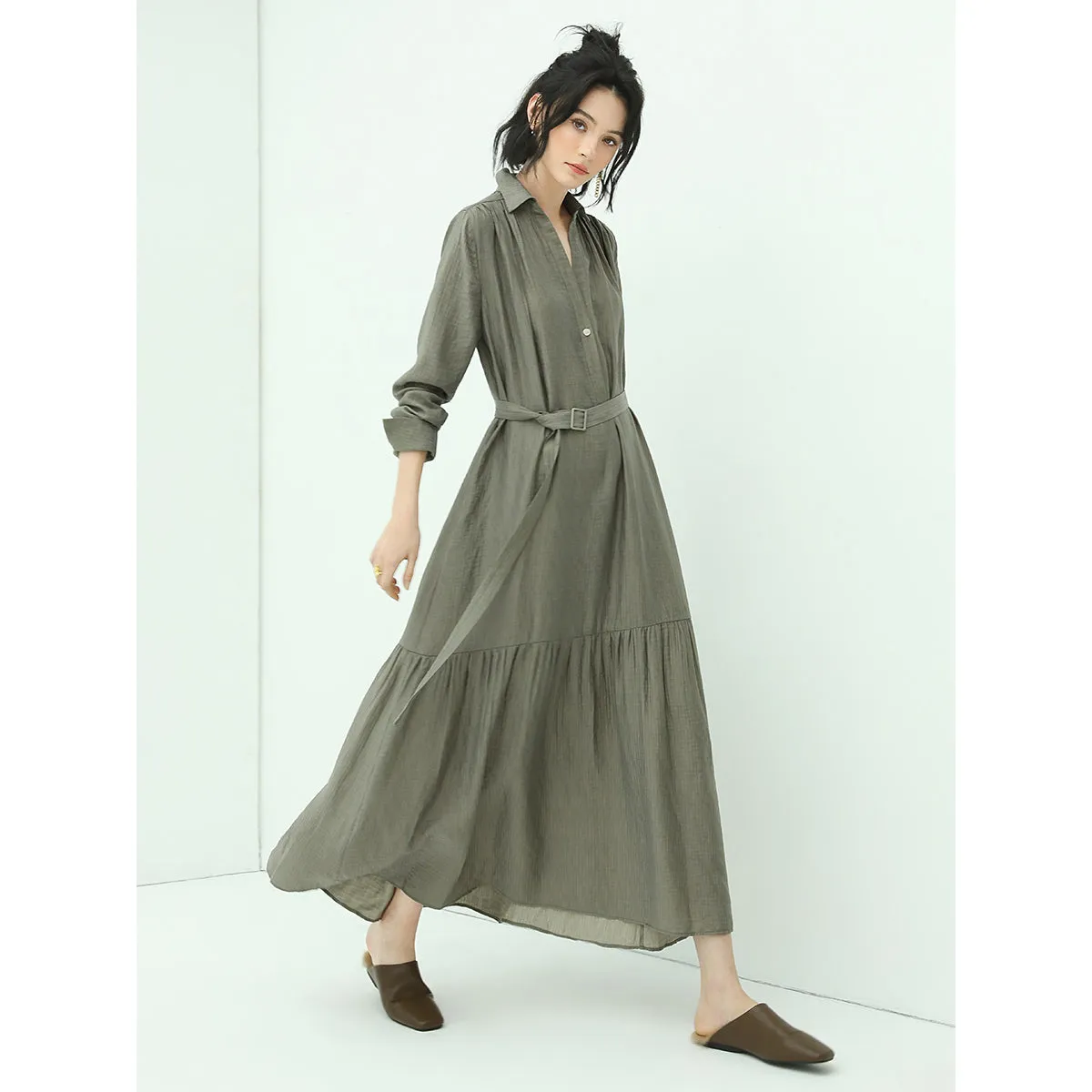 Flowy Belted Olive Shirt Dress with Pleats