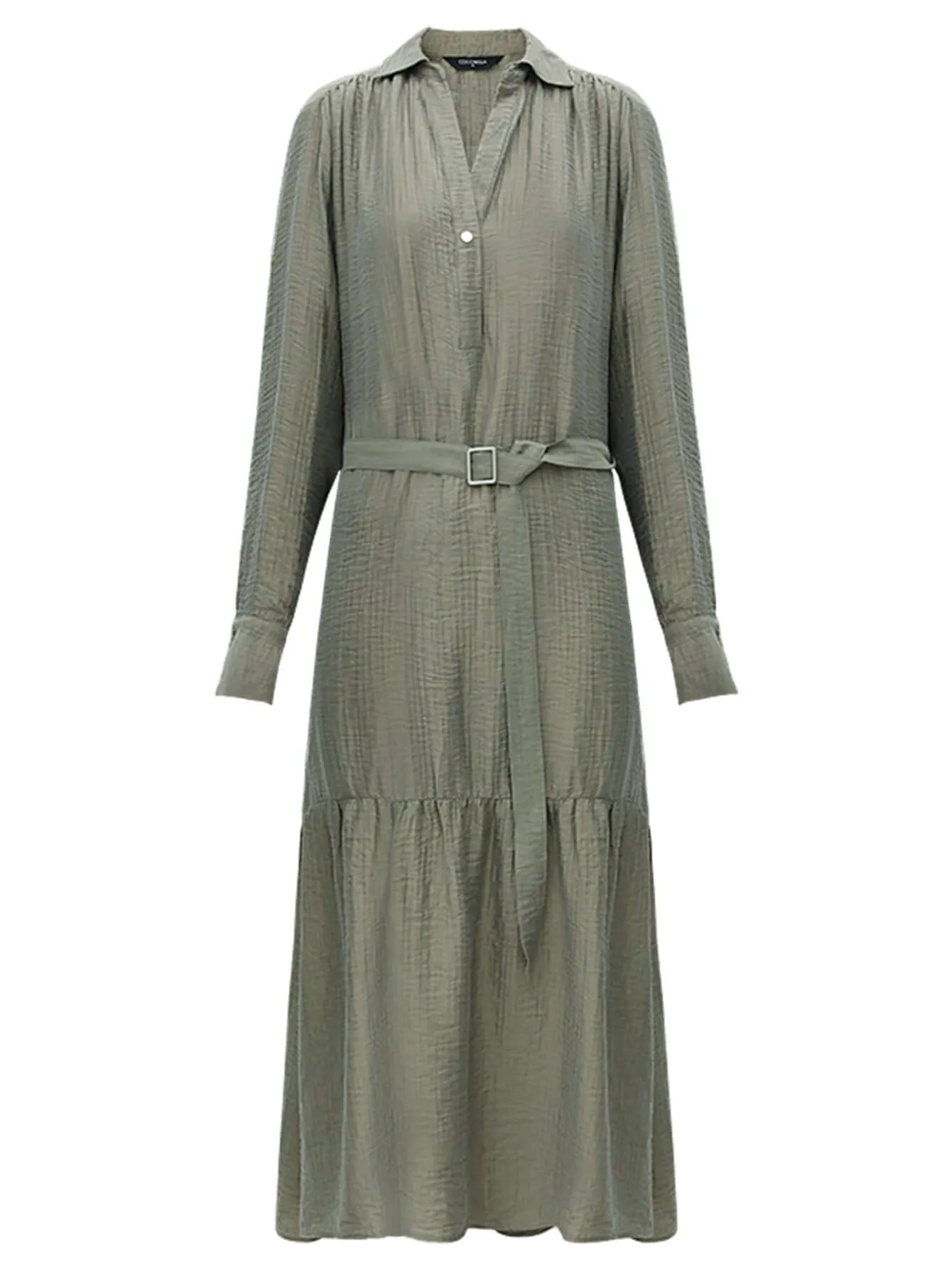 Flowy Belted Olive Shirt Dress with Pleats