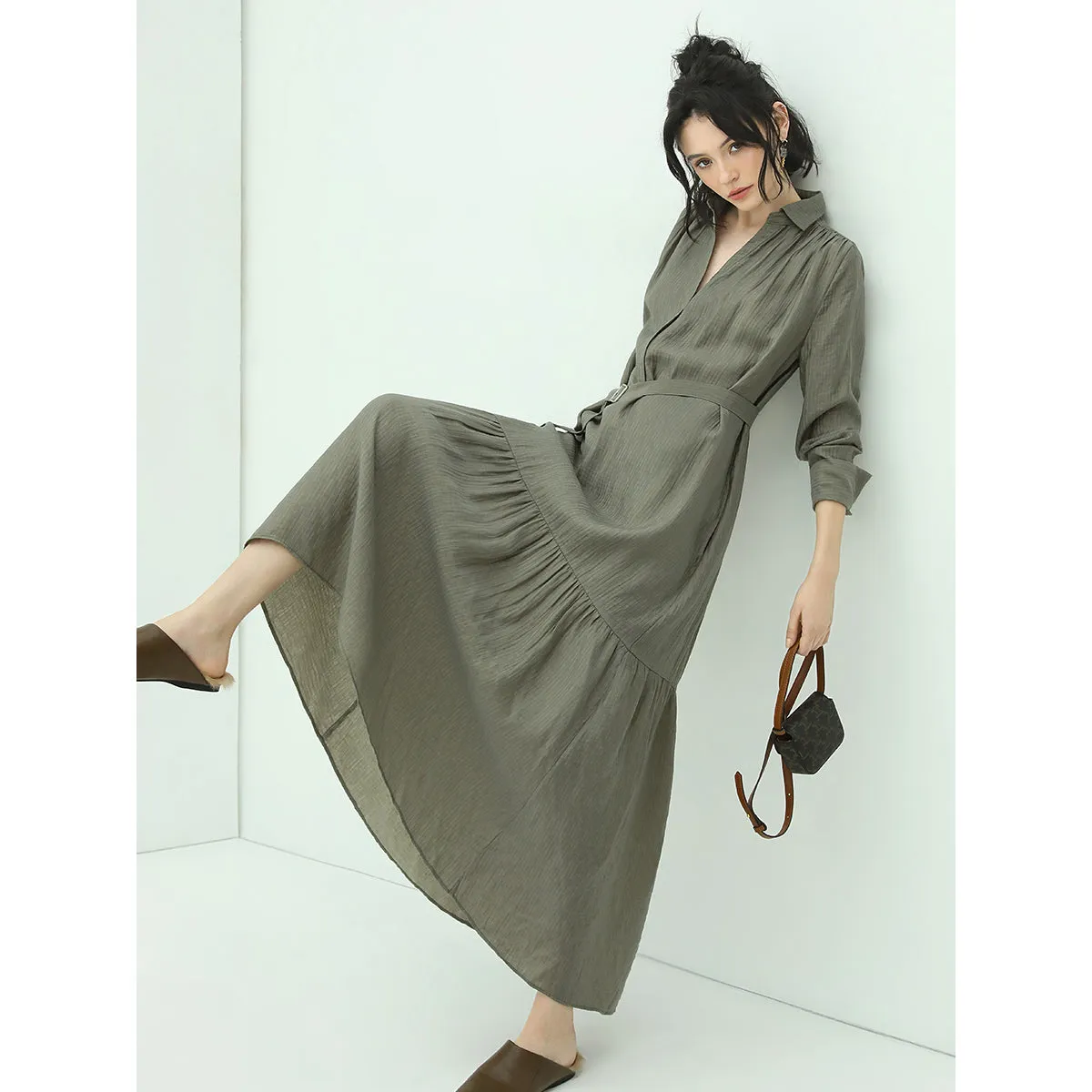 Flowy Belted Olive Shirt Dress with Pleats