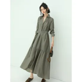 Flowy Belted Olive Shirt Dress with Pleats