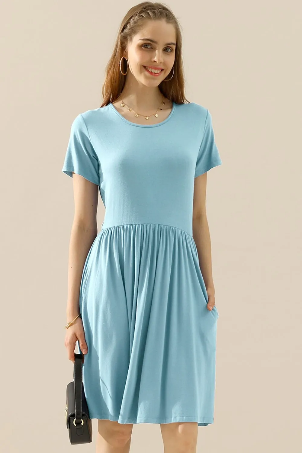 Full Size Round Neck Ruched Dress with Pockets