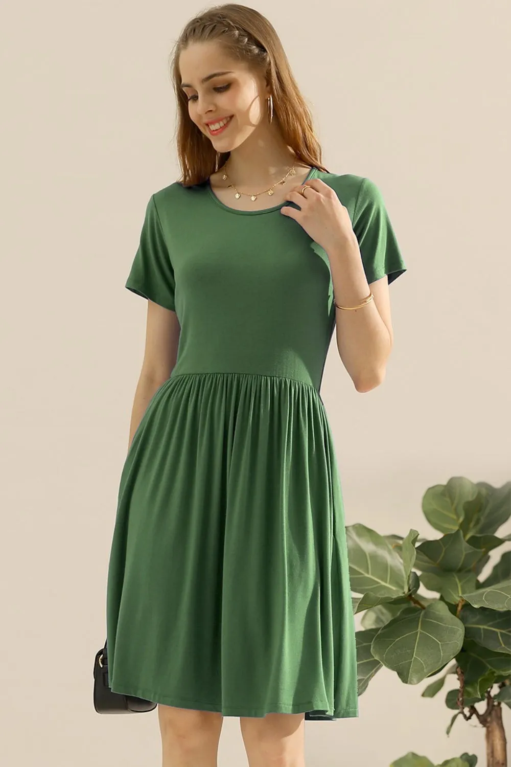 Full Size Round Neck Ruched Dress with Pockets