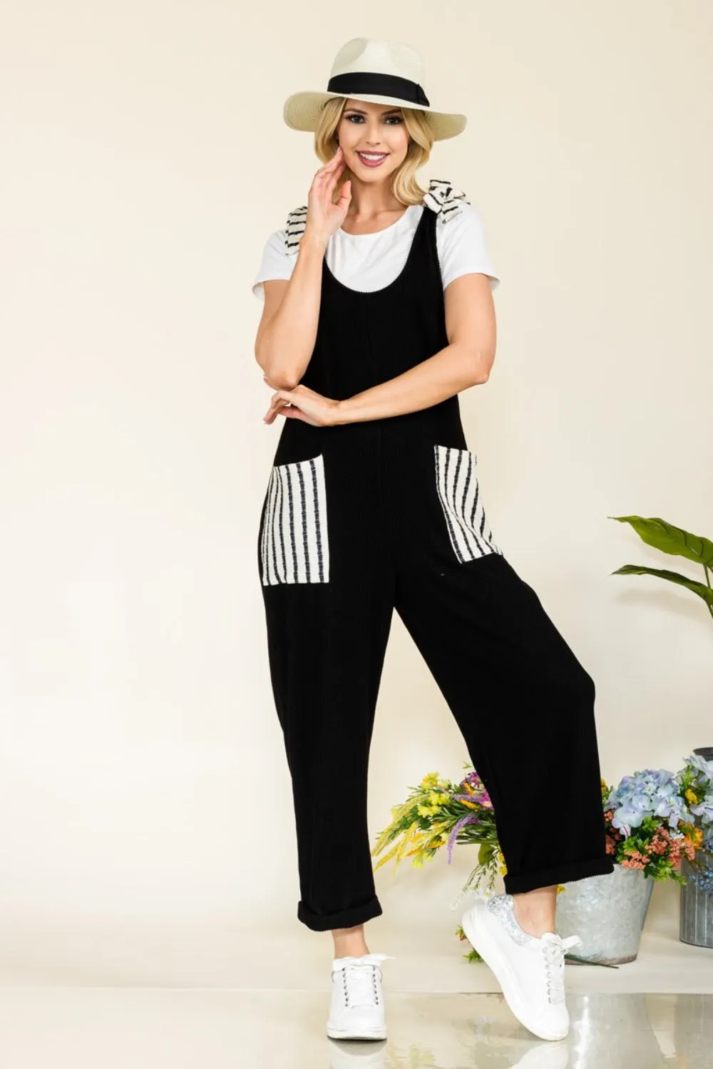 Full Size Stripe Contrast Pocket Rib Jumpsuit