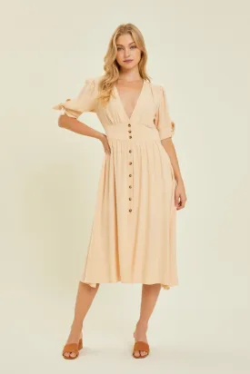 Full Size Textured Linen V-Neck Button-Down Midi Dress