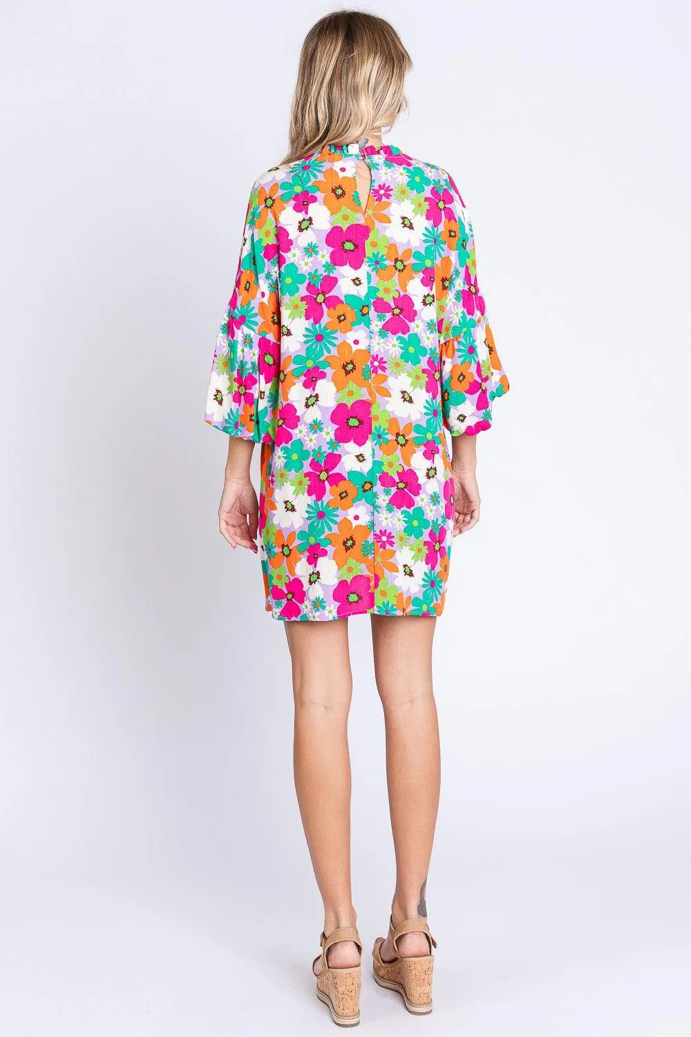 GeeGee Full Size Floral Round Neck Lantern Sleeve Mini Dress