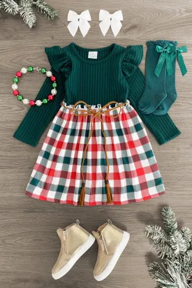 Green & Red Plaid Long Sleeve Dress