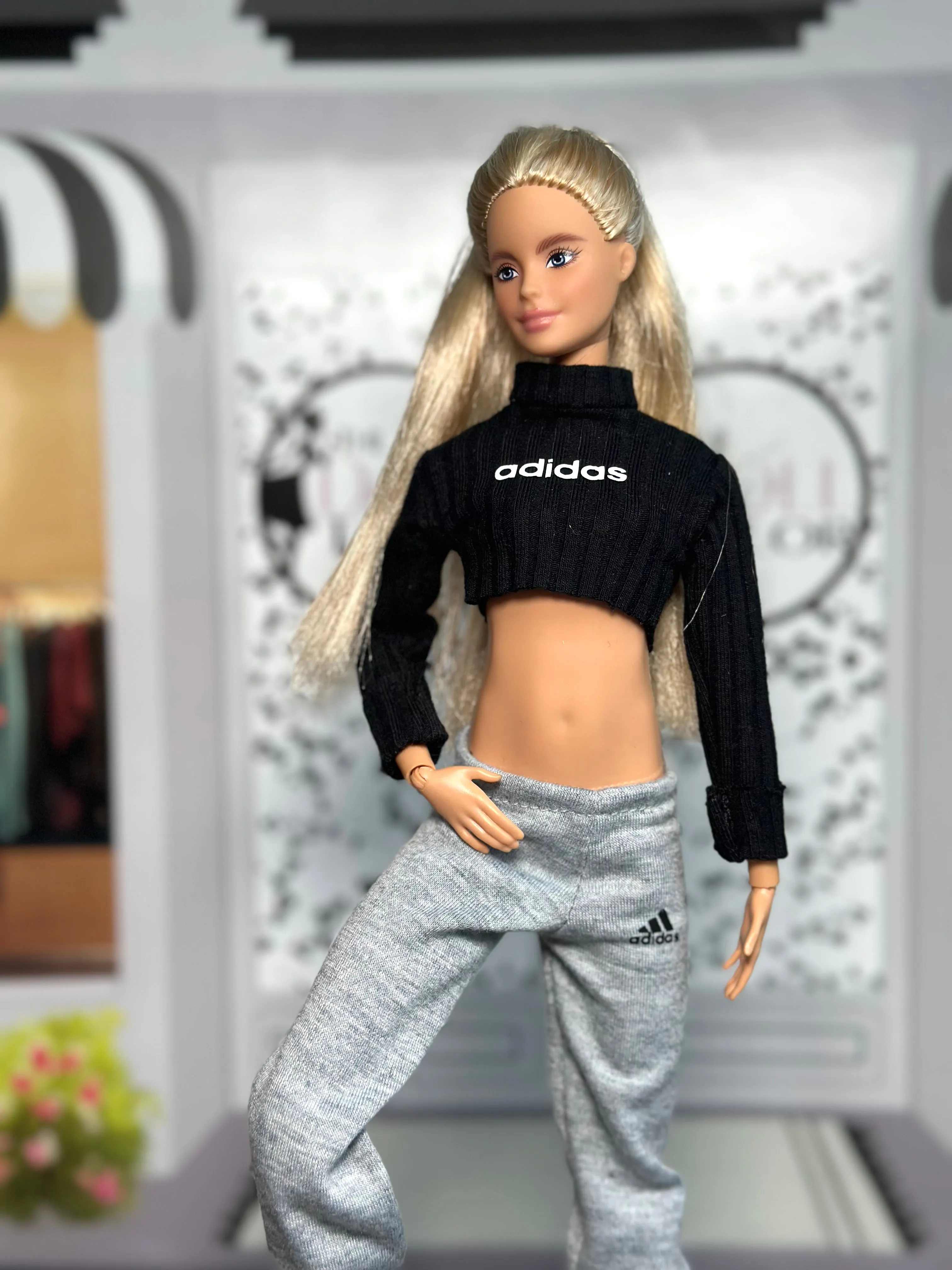 Grey sweatpants for Barbie black crop top