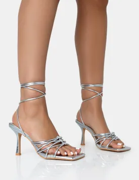 Keri Silver Metallic PU Strappy Lace Up Mid Heels