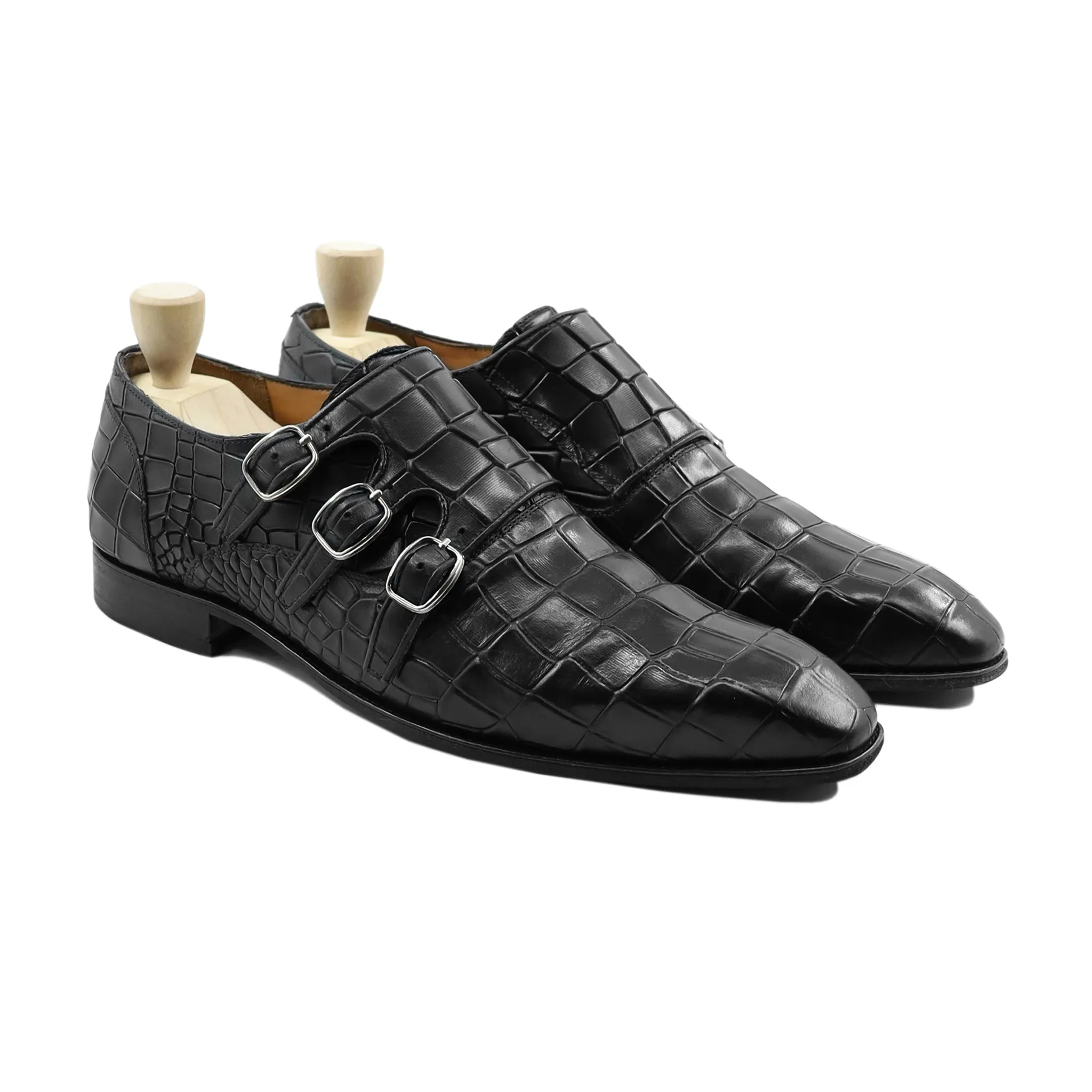 Komlo - Men's Black Calf Leather Triple Monkstrap