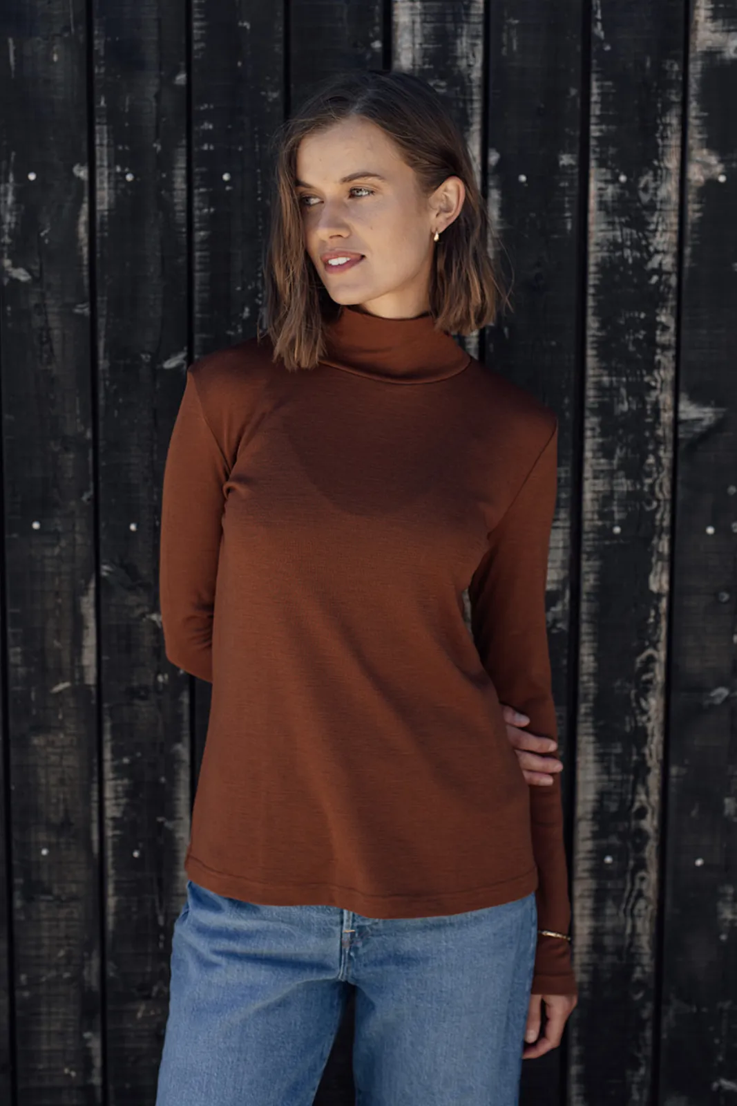 Merino Rib Turtle Neck Top - Rust