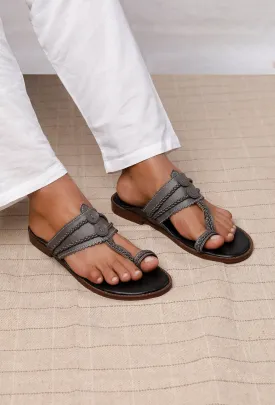 Metal Grey Handcrafted Cruelty-Free Leather Kolhapuri Inspired Chappals