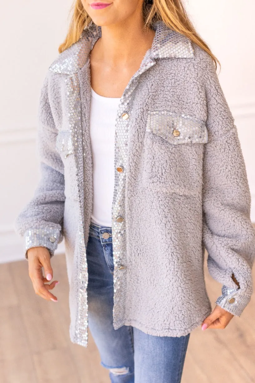 Misty Mountain Silver Sequin Sherpa Shacket