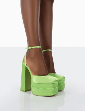 Moonchild Lime Green Satin Closed Toe Statement Platform Block Heels