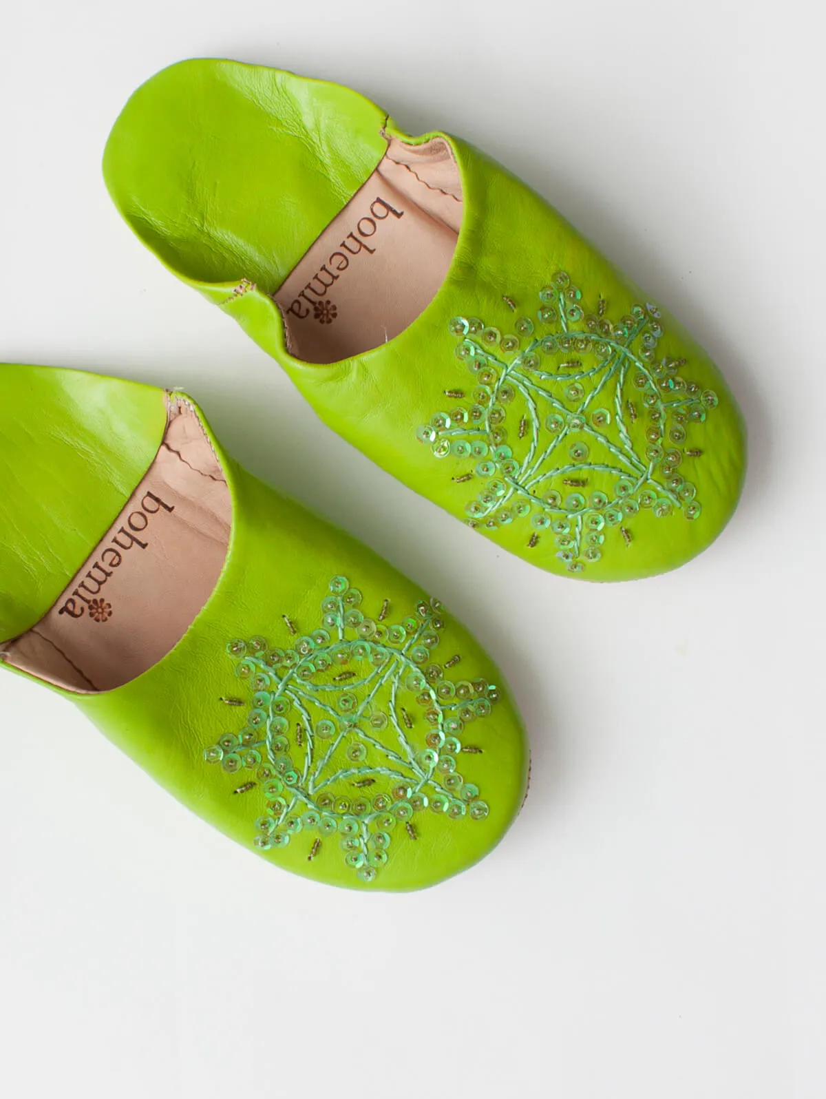 Moroccan Babouche Sequin Slippers, Lime