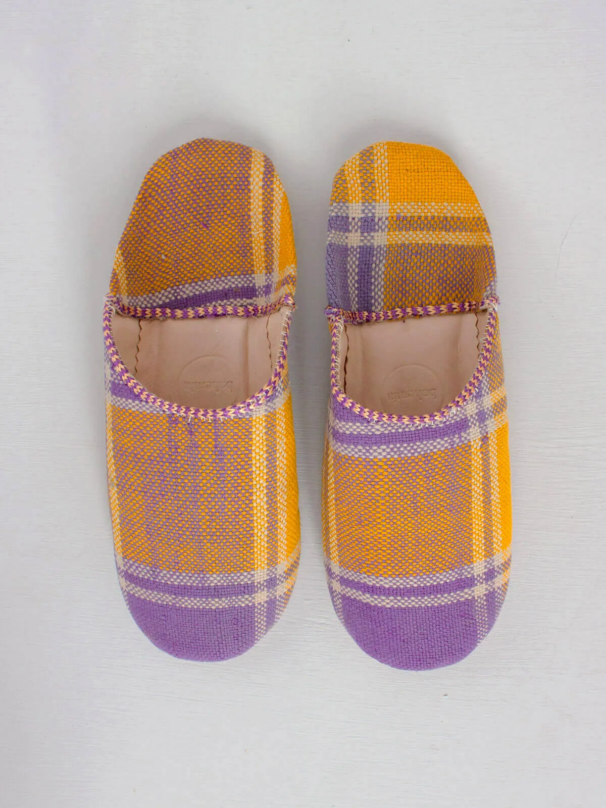 Moroccan Boujad Basic Babouche Slippers, Mustard Lilac Check