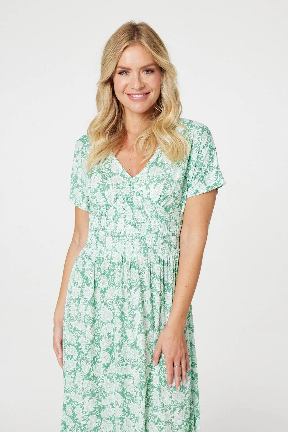 Paisley Shirred Detail Midi Dress