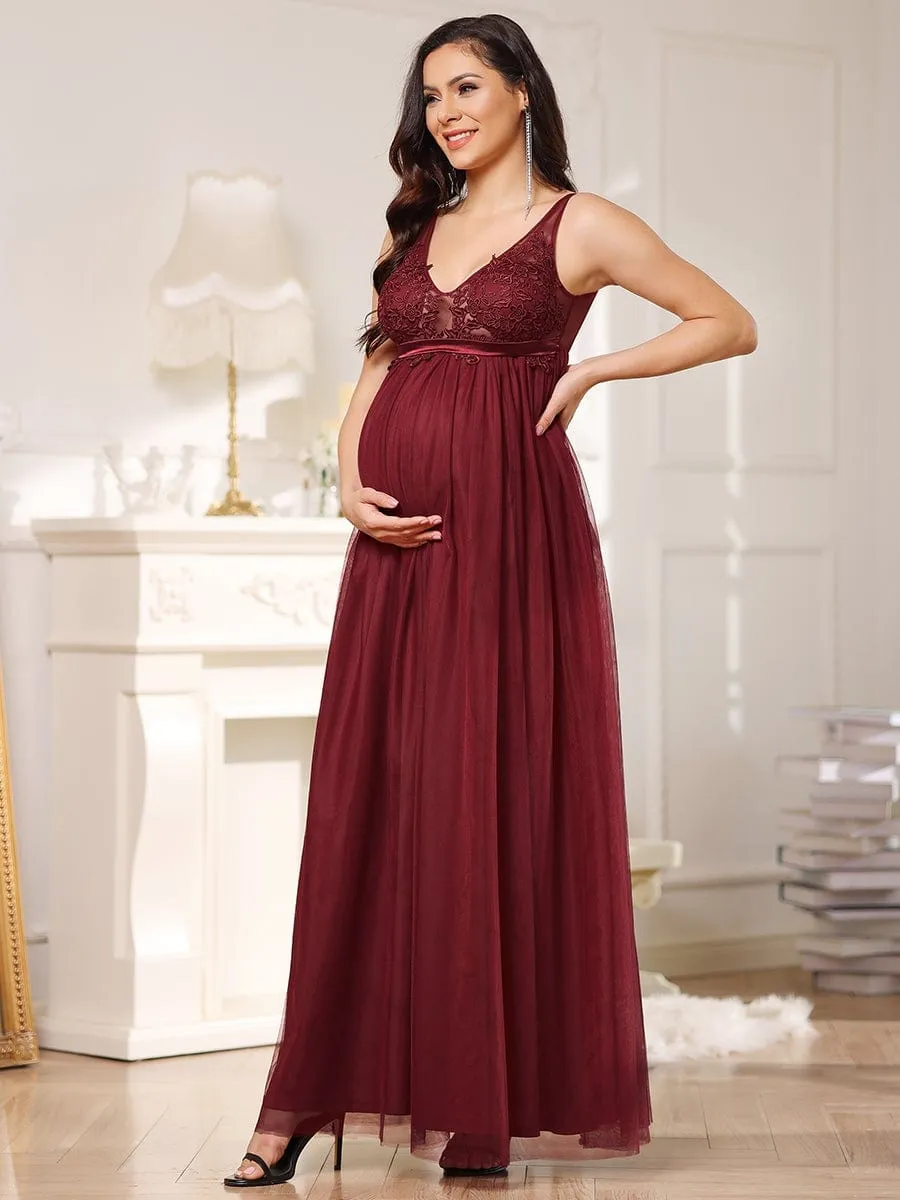 Plus Size Double V-Neck Lace Bodice Long Flowy Maternity Dress