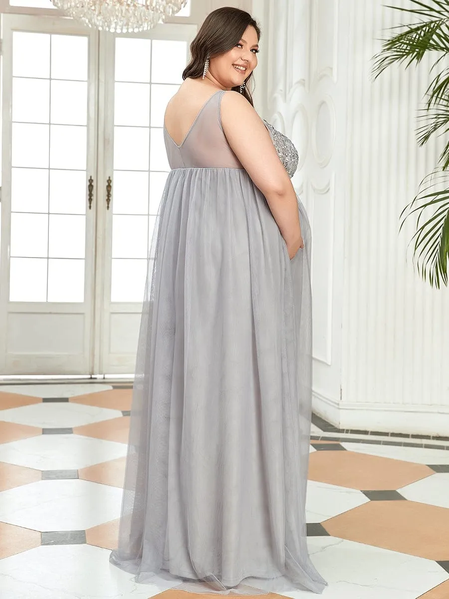 Plus Size Double V-Neck Lace Bodice Long Flowy Maternity Dress