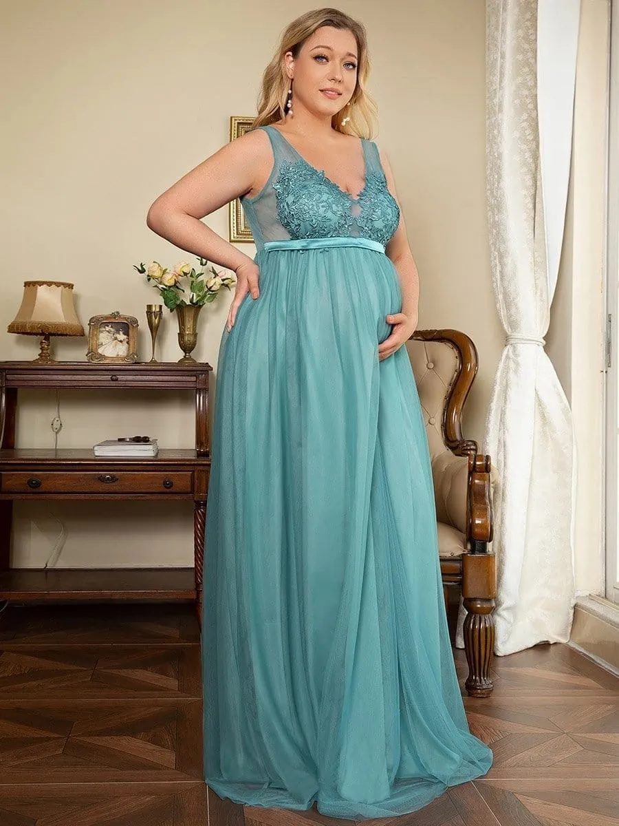 Plus Size Double V-Neck Lace Bodice Long Flowy Maternity Dress