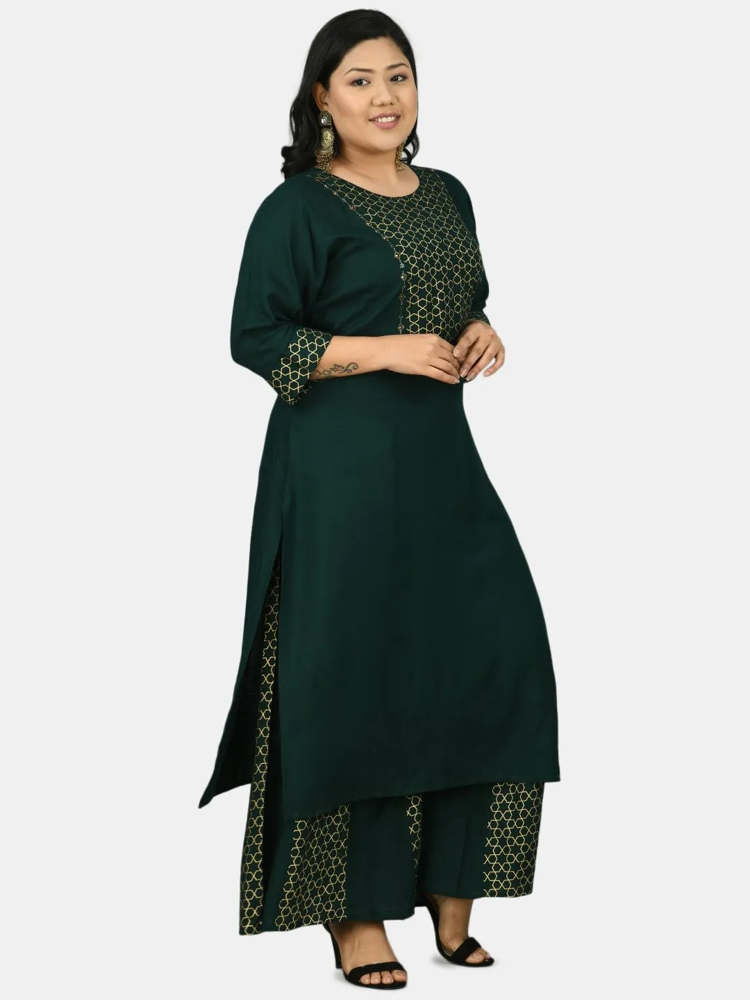 Plus Size Embellished Bottle Green & Gold Kurta Sharara Set