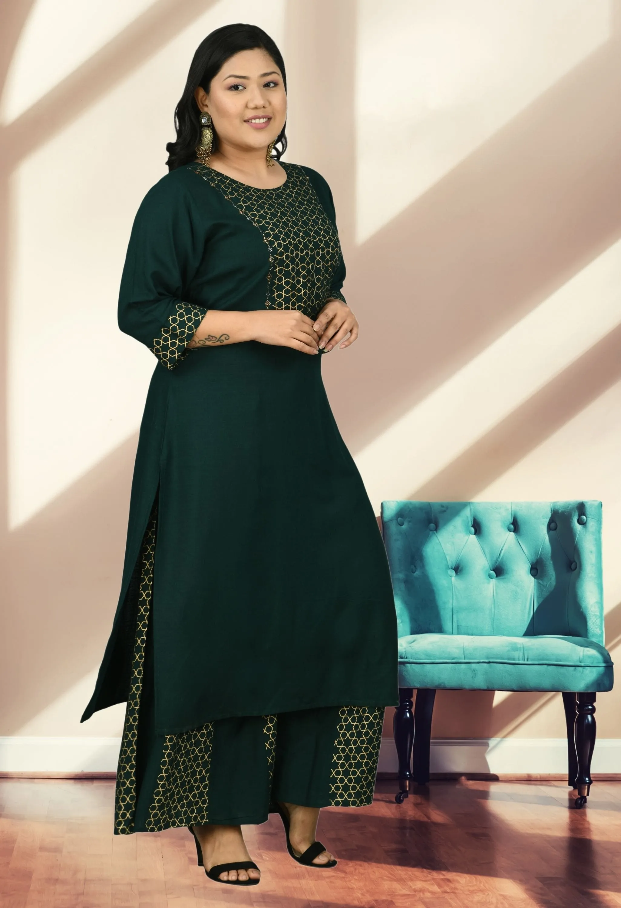 Plus Size Embellished Bottle Green & Gold Kurta Sharara Set