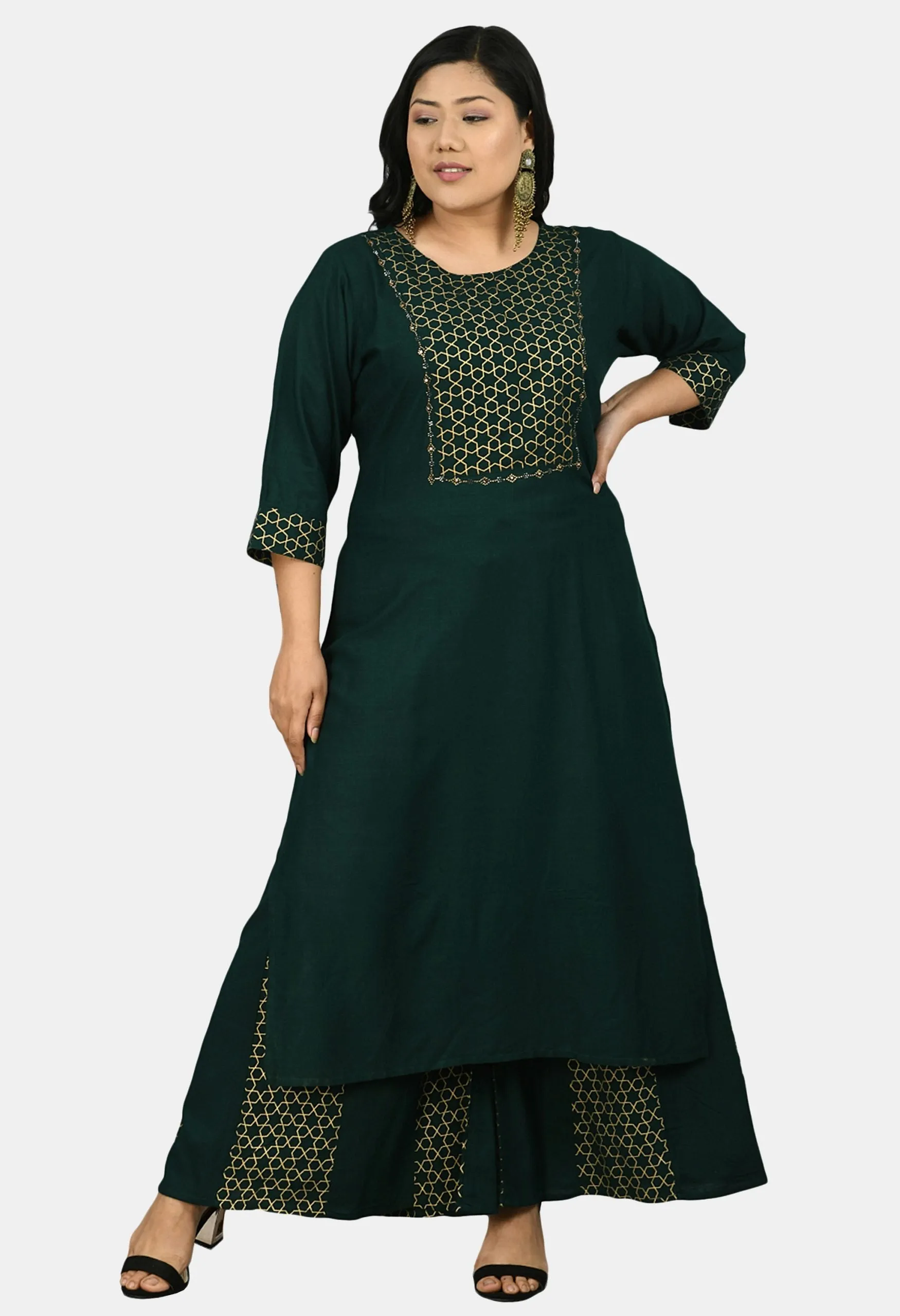 Plus Size Embellished Bottle Green & Gold Kurta Sharara Set