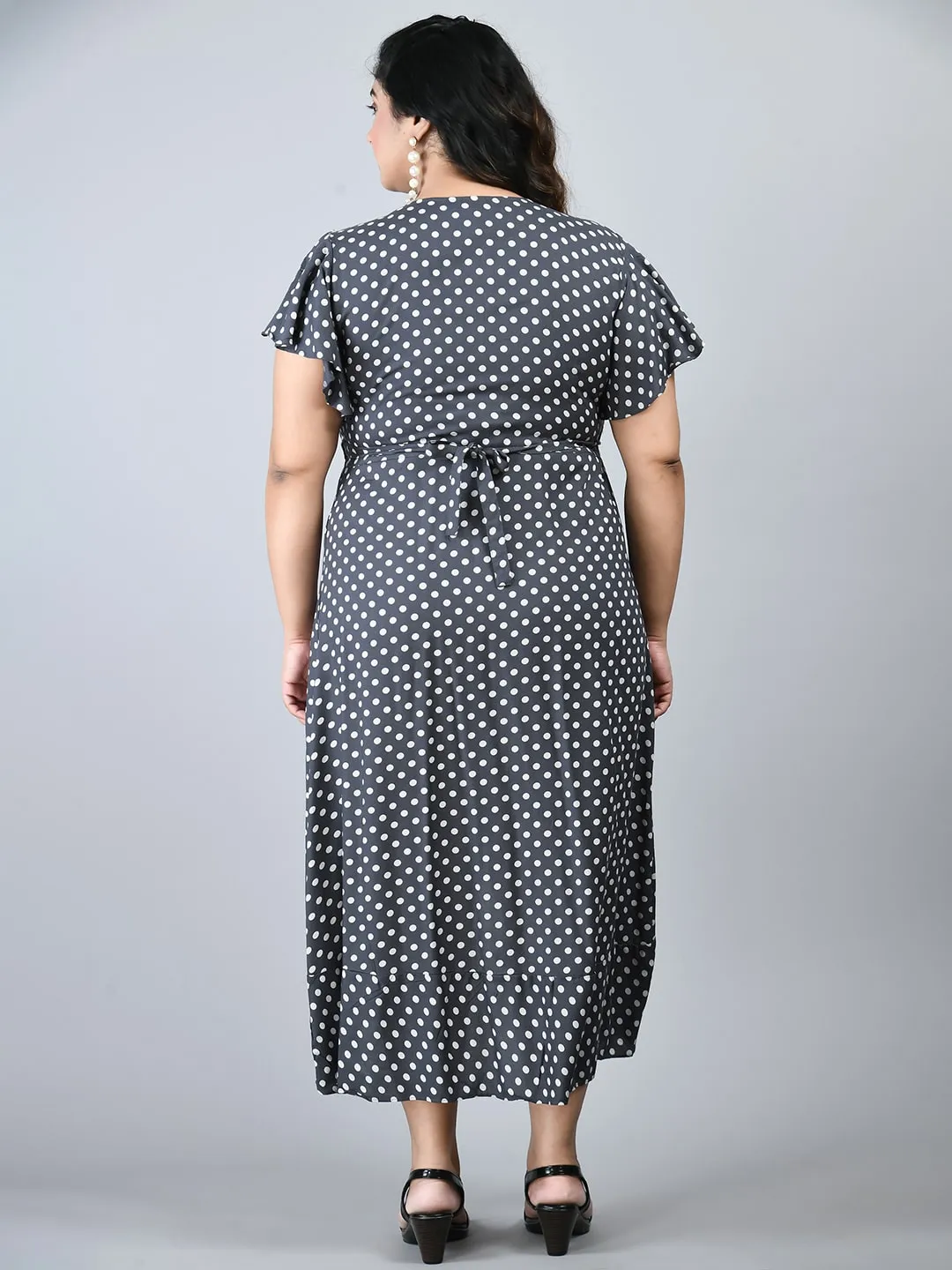 Plus Size Plus Size Grey Polka Dots Wrap Dress