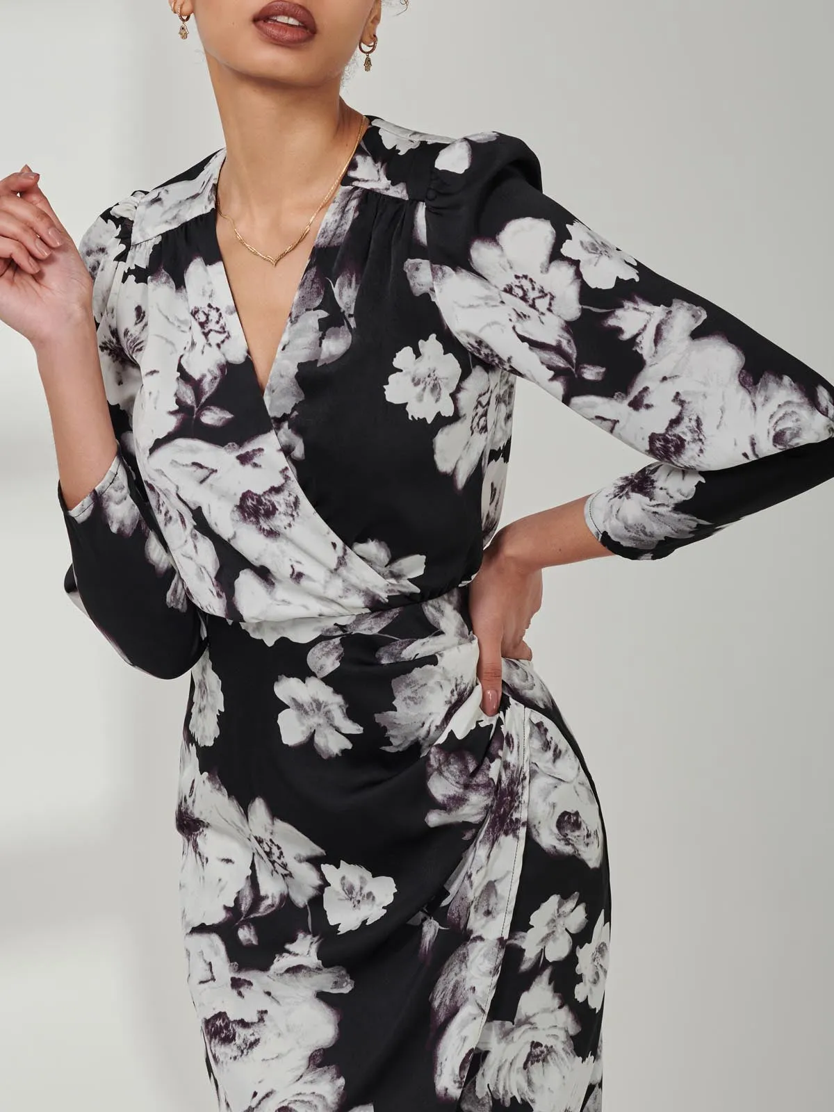 Print Satin Wrap Bodycon Dress, Black Floral