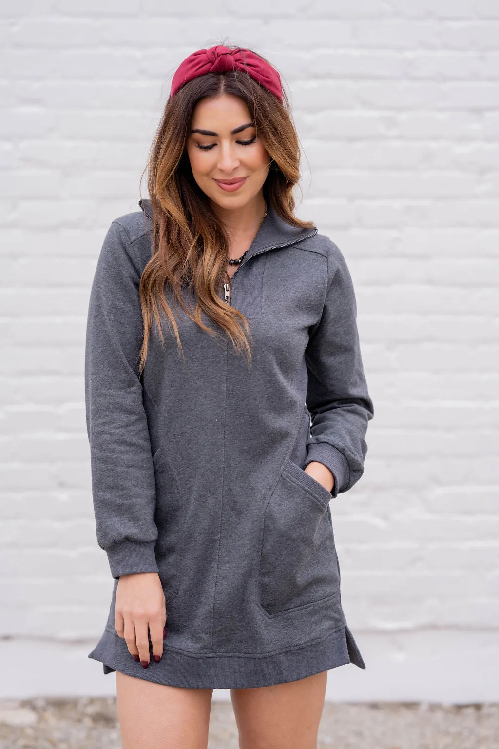 Ribbed Accented Quarter Zip Dress