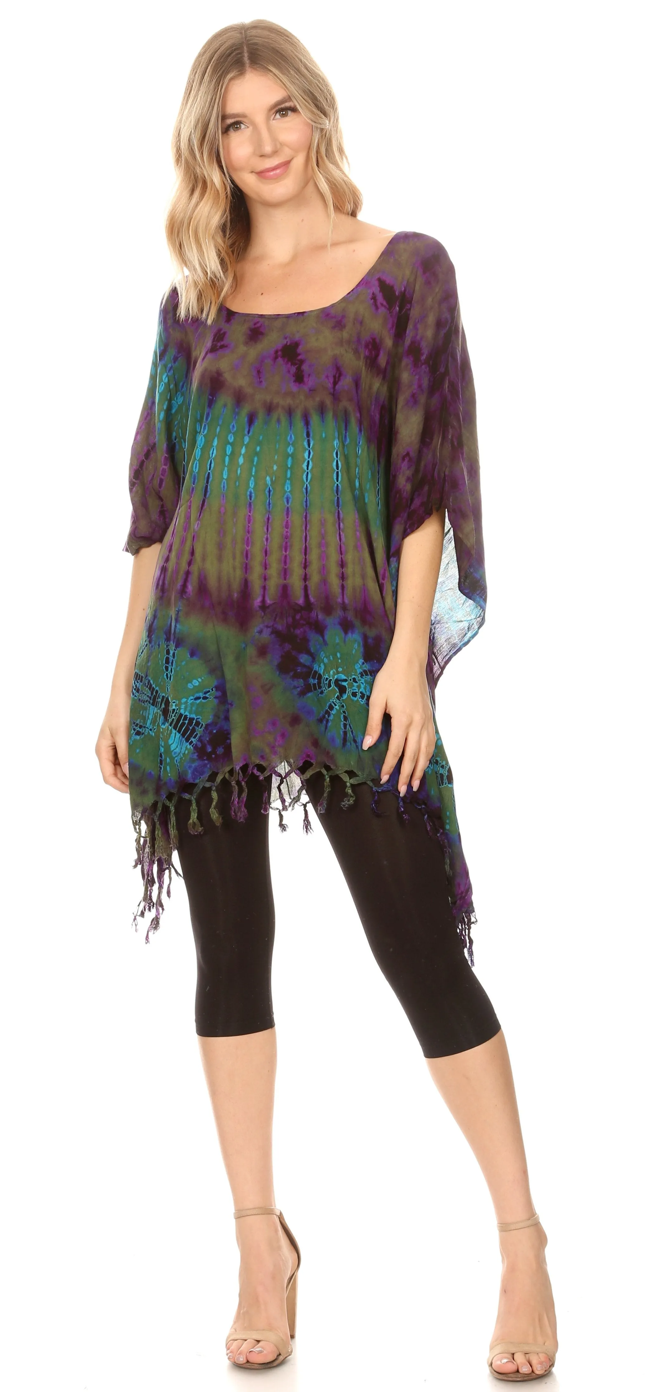 Sakkas Geno Round Neck Casual Boho Short Sleeve Loose Blouse Top Cover-up w/Fringe