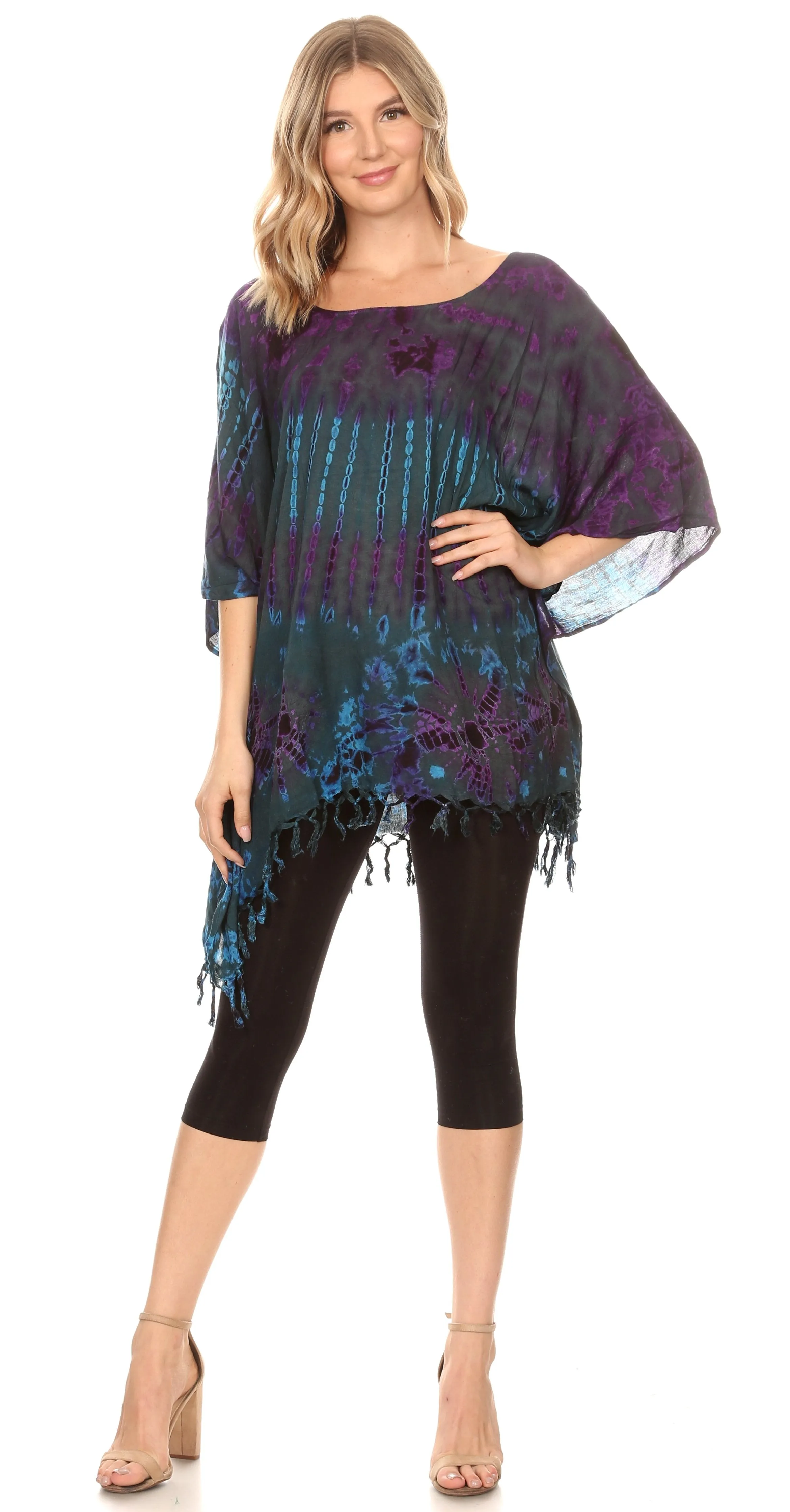 Sakkas Geno Round Neck Casual Boho Short Sleeve Loose Blouse Top Cover-up w/Fringe