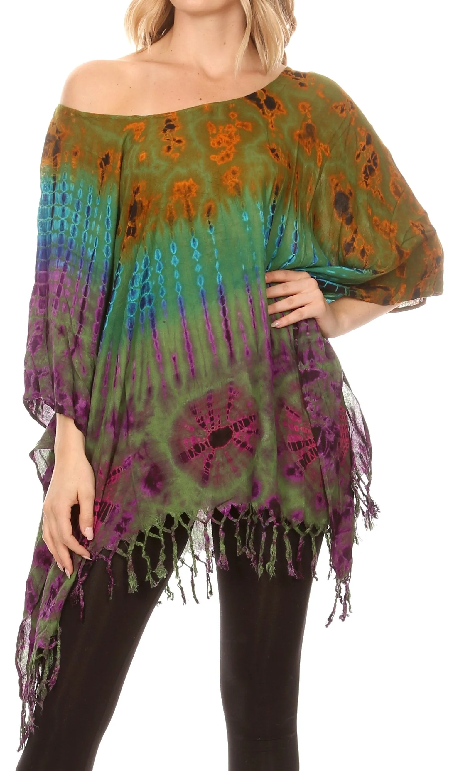 Sakkas Geno Round Neck Casual Boho Short Sleeve Loose Blouse Top Cover-up w/Fringe