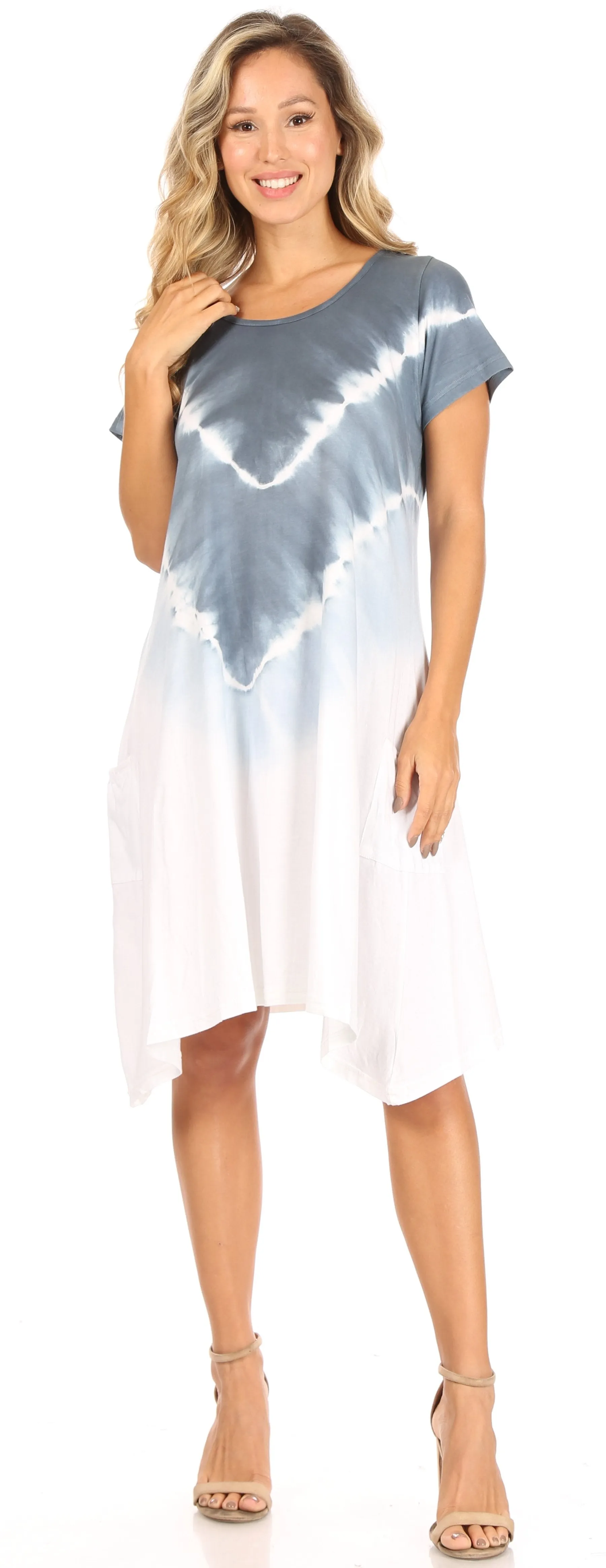 Sakkas Lilla Women's Casual Tie Dye Midi Boho Loose Short Sleeve Knit Dress Pocket