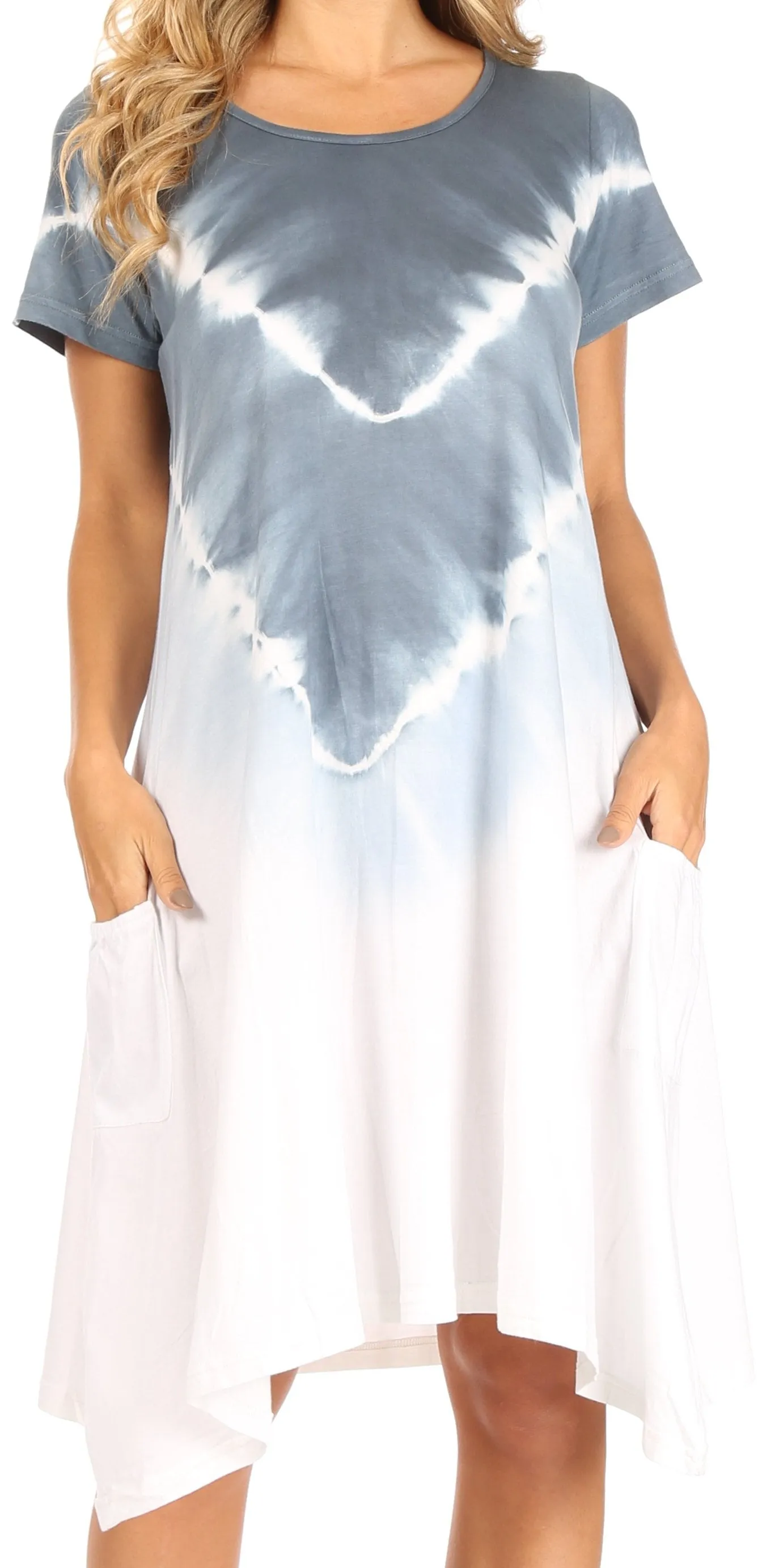 Sakkas Lilla Women's Casual Tie Dye Midi Boho Loose Short Sleeve Knit Dress Pocket