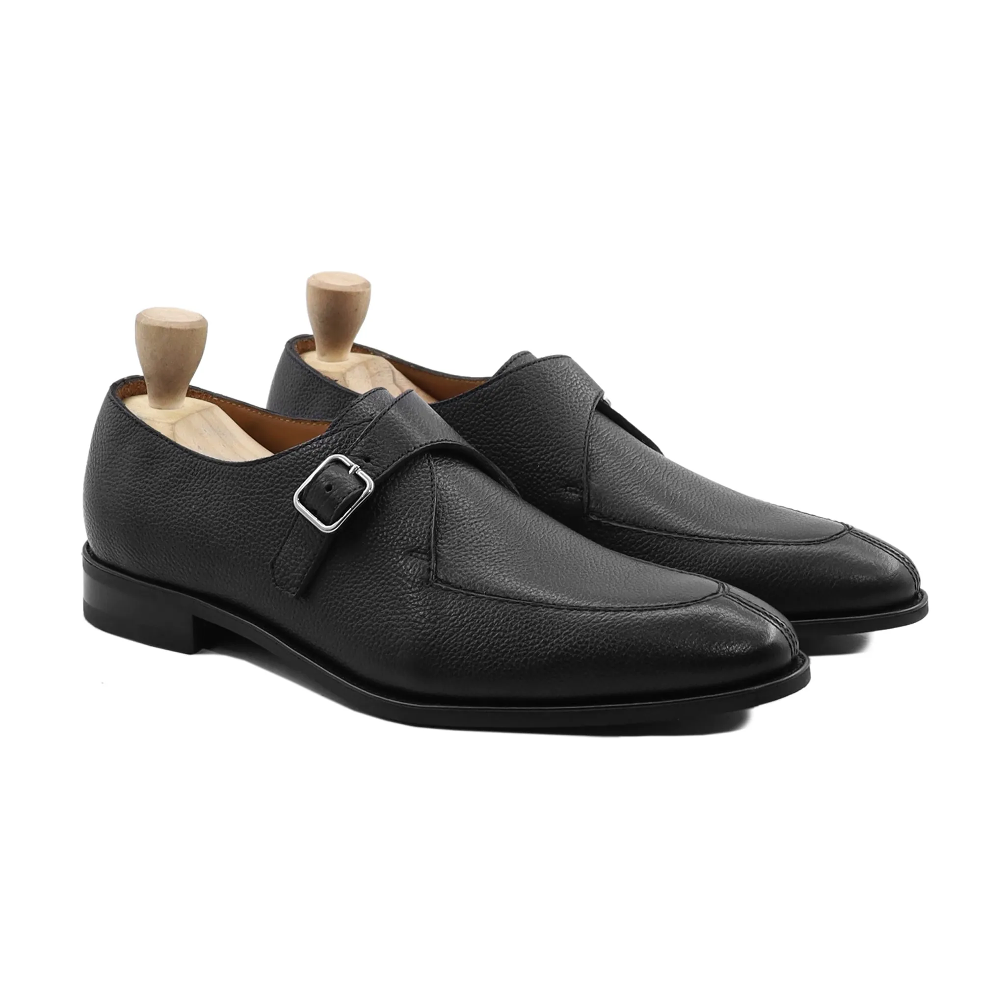 Selfoss - Men's Black Pebble Grain Leather Single Monkstrap