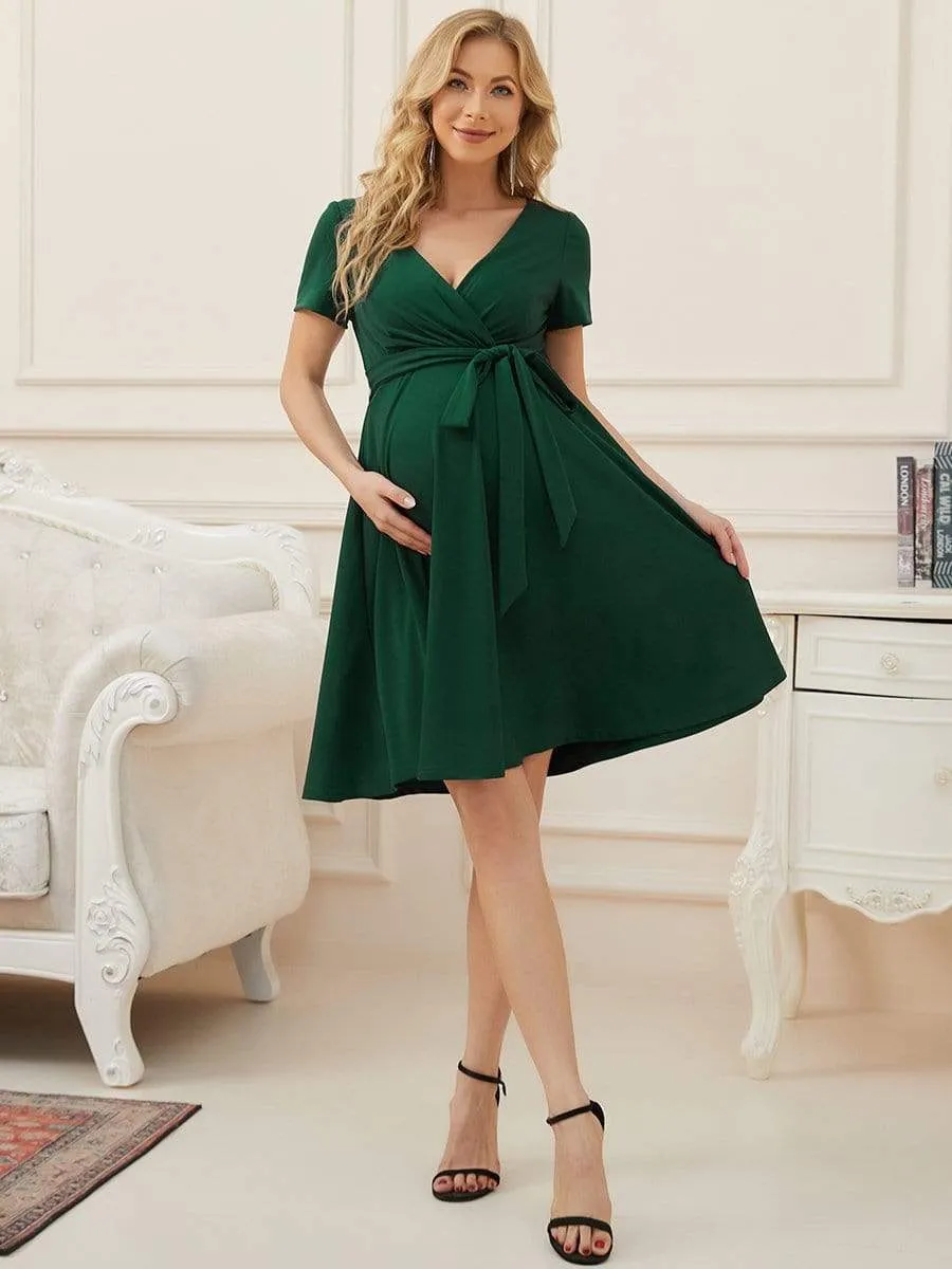 Short Sleeve Tie Waist Short A-Line Maternity Dress