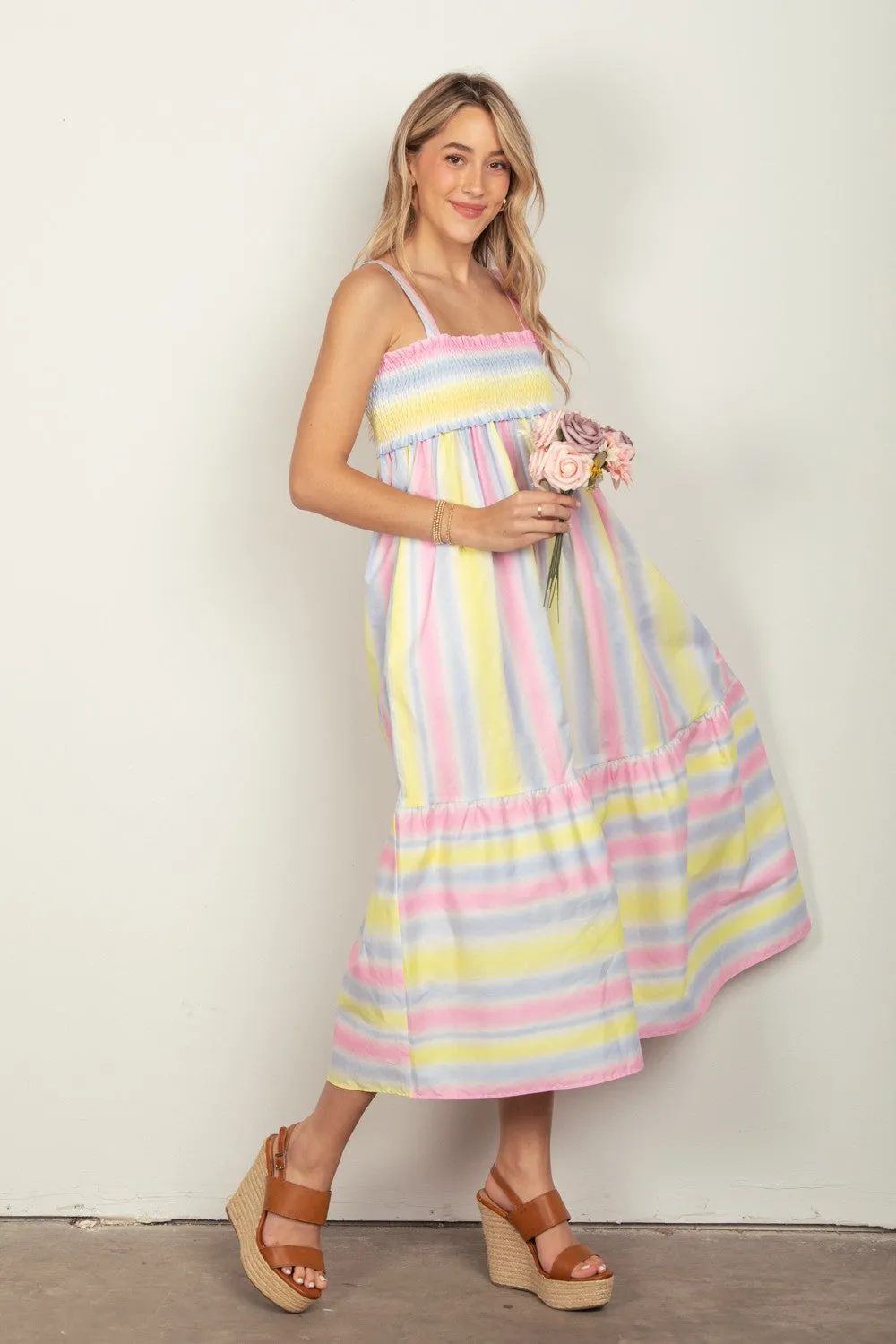 VERY J Striped Woven Smocked Midi Cami Dress