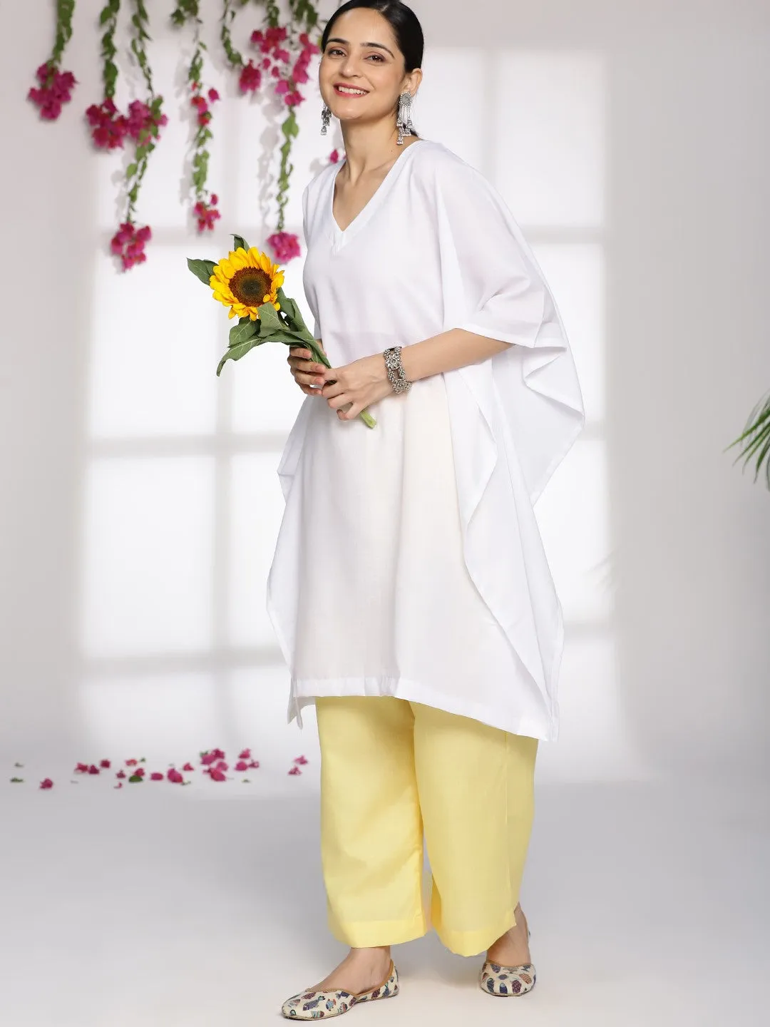 White CottonSlub Kaftan & Yellow Palazzo